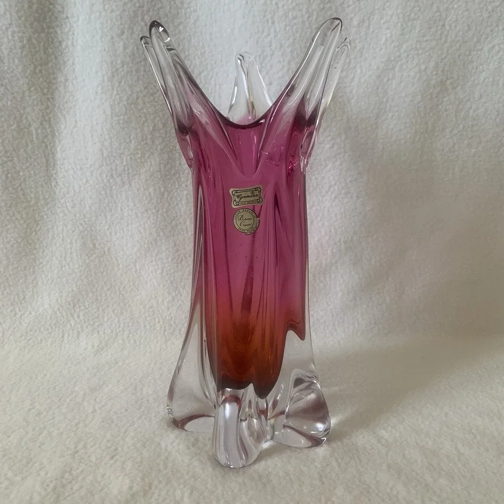 Czech Bohemian Josef Hospodka Chribska Starburst Art Glass Pink/Crystal 12